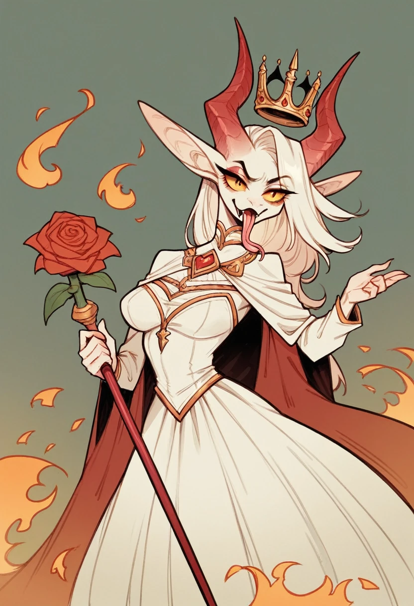 Create an image of a succubus for me. represents a woman dressed in a white dress but stained with red. her left breast comes out of the dress. we see on his forehead 2 small discreet horns which slide out of the hair. his tongue is forked and his pupils are elongated like those of a snake. despite everything, his face is pretty. she tramples the white lilies, she is surrounded by flames, red lilies and orange roses. she holds a crown in one hand, a scepter in the other.