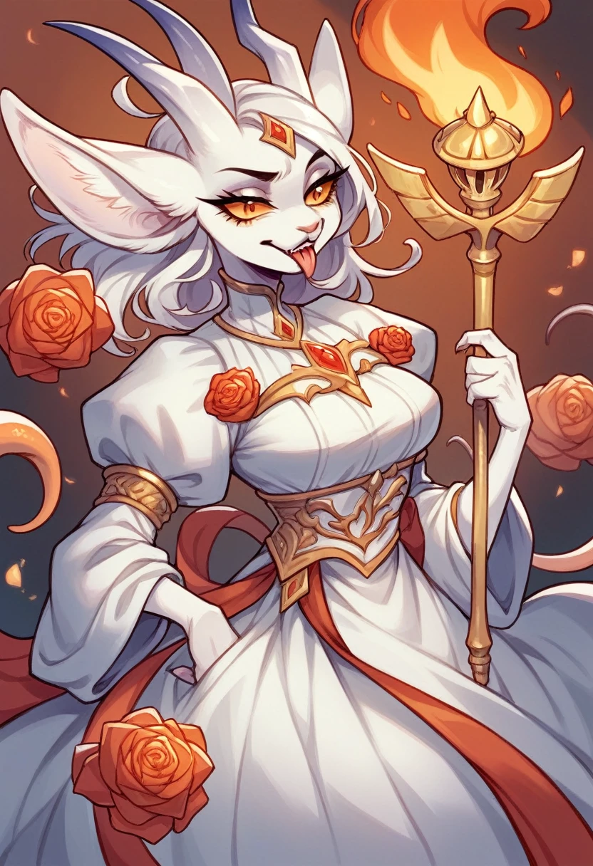 Create an image of a succubus for me. represents a woman dressed in a white dress but stained with red. her left breast comes out of the dress. we see on his forehead 2 small discreet horns which slide out of the hair. his tongue is forked and his pupils are elongated like those of a snake. despite everything, his face is pretty. she tramples the white lilies, she is surrounded by flames, red lilies and orange roses. she holds a crown in one hand, a scepter in the other.