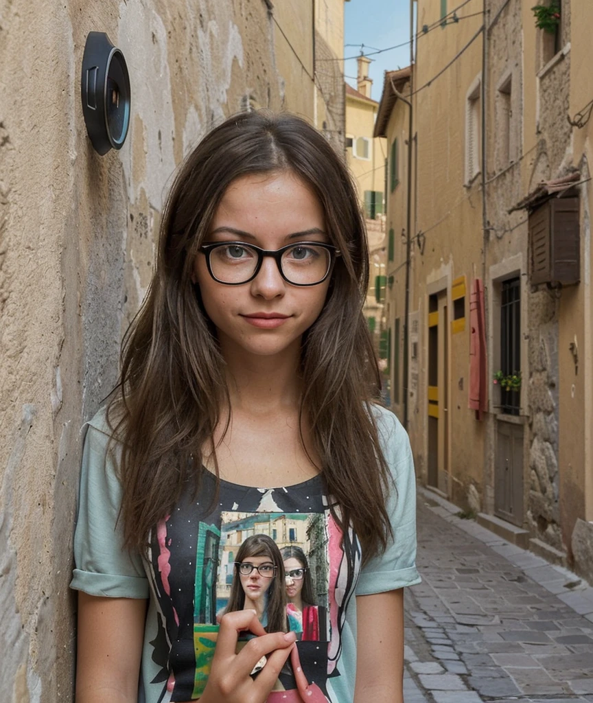 Can you generate an image of a street in Italy and there is a girl with glasses who is looking at a portrait of herself painted on a wall?. That the girl has a camera in her hands