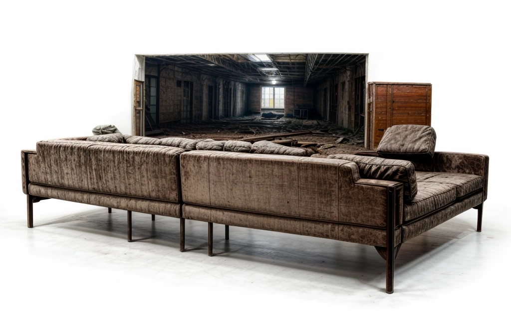 a sofa in an old abandoned industrial warehouse