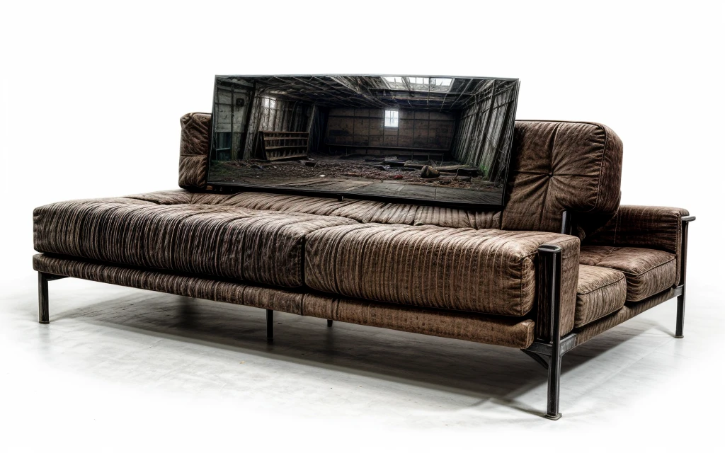 a sofa in an old abandoned industrial warehouse