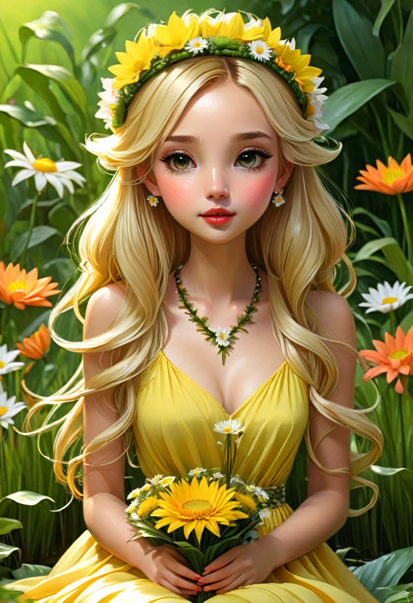 1girl, berry, blonde hair, bouquet, bracelet, coral, daisy, dandelion, dress, flower, grass, head wreath, holding flower, jewelry, leaf, lily (flower), lily pad, lips, long hair, lotus, nature, necklace, orange flower, plant, potted plant, realistic, sitting, solo, spider lily, sunflower, white flower, wreath, yellow flower