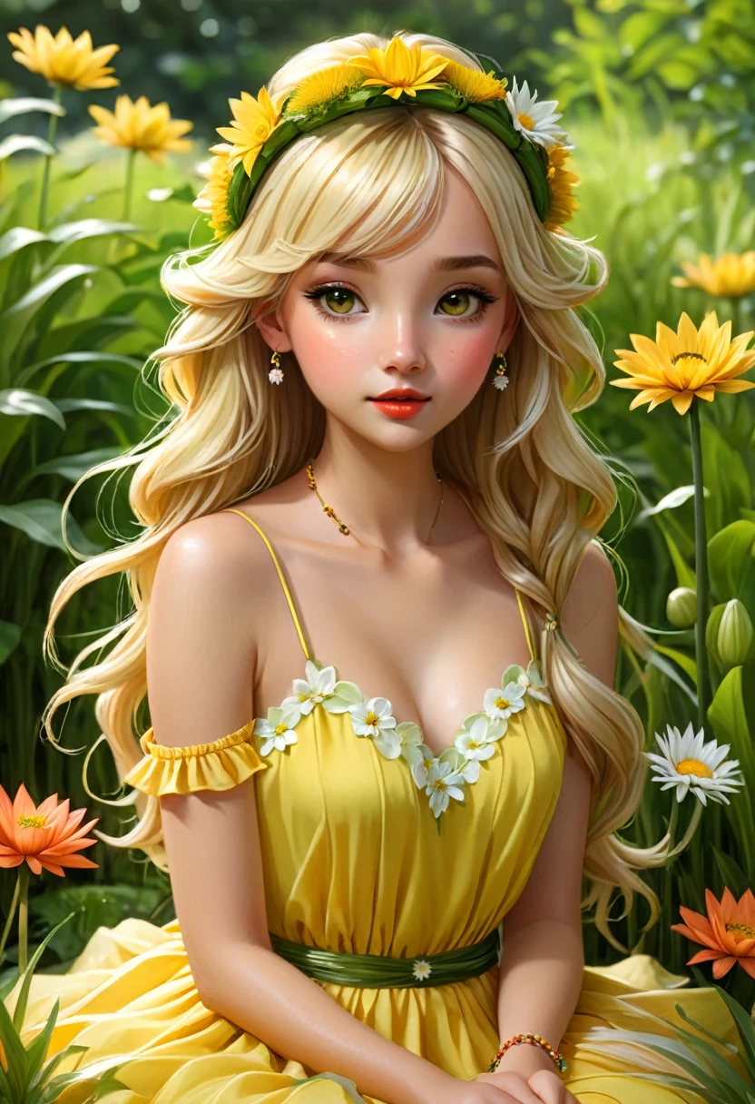1girl, berry, blonde hair, bouquet, bracelet, coral, daisy, dandelion, dress, flower, grass, head wreath, holding flower, jewelry, leaf, lily (flower), lily pad, lips, long hair, lotus, nature, necklace, orange flower, plant, potted plant, realistic, sitting, solo, spider lily, sunflower, white flower, wreath, yellow flower