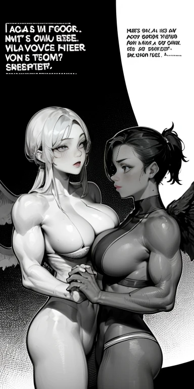 blush, breasts, comic, dark-skinned female, dark skin, english text, greyscale, holding hands, large breasts, long hair, monochrome, multiple girls, muscular, muscular female, ponytail, scar, twin tails, wings, yuri