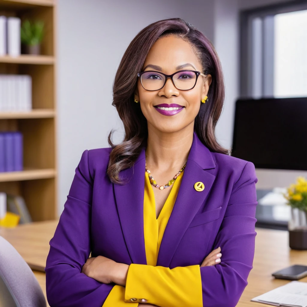 corporate setting, office background, 1 professional woman, peace expert, mental health, use purple and yellow