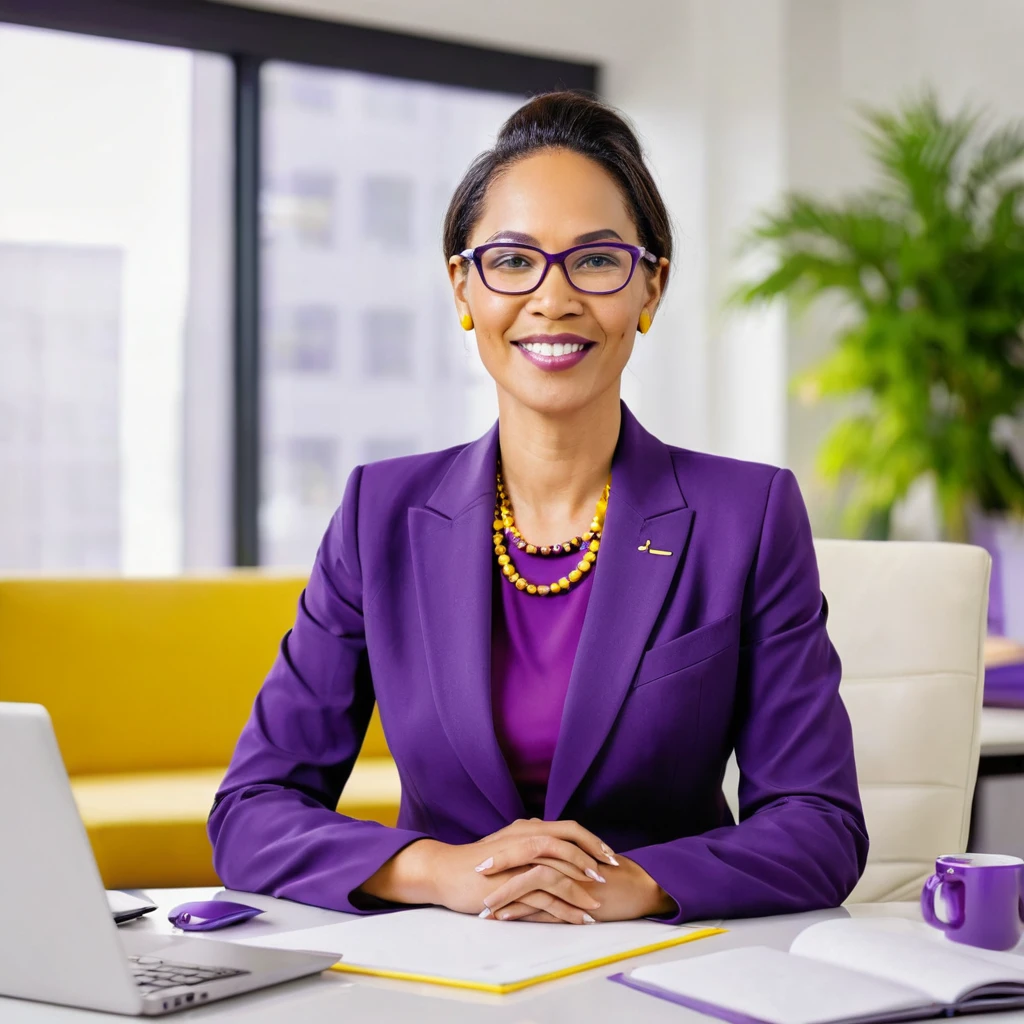 corporate setting, office background, 1 professional woman, peace expert, mental health, use purple and yellow