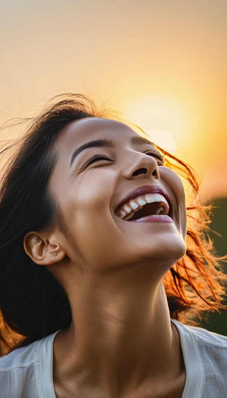 a woman laughing, happy smiling head tilt while enjoying sunset, highly detail, low angle., Mysterious