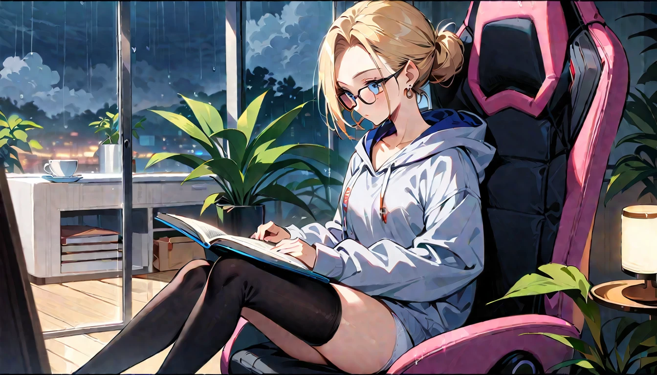 (masterpiece, best quality:1.2), solo, Android 18 from Dragon Ball, ((light gray hooded sweatshirt, Oversized hooded sweatshirt, long sleeve, black thighhighs, white panties)), thighs, midriff, small breasts, blonde hair, (single hair bun), ((blue eyes)), (wearing glasses), earrings on earlobes, slender feminine figure, narrow waistline, skinny body, (reading a book), cleavage, off shoulder, light blush, indoors, chill, room, hot coffee, window, organized, simple, white-based interior, a few plants, rain, cloudy sky, magnificent view, blur background, 4K, knees up, on the cute gaming chair, (pale purple gaming chair),