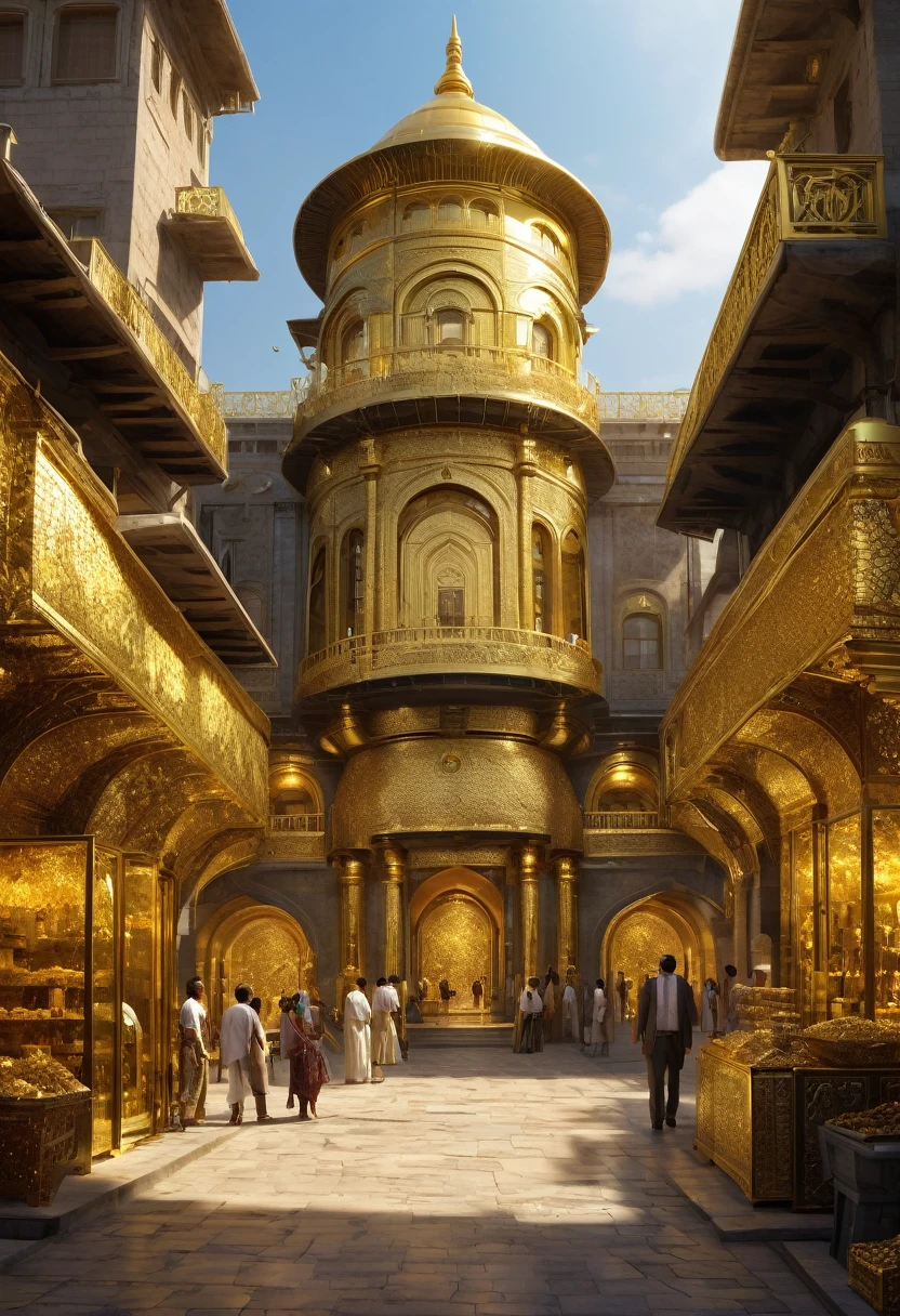 In the heart of the vast Karash Desert, lies the resplendent city of Auriopolis, a place where greed and opulence intertwine in a dazzling and disturbing spectacle. From afar, The high walls of the city shine with a golden glow, because they are covered with leaves of pure gold, a visible testimony of the excessive wealth of its inhabitants.
Upon entering the majestic Gate of Greed, one is immediately welcomed by the Golden Way, the main avenue paved with solid gold cobblestones. The buildings on both sides of this avenue are imposing mansions and palaces adorned with the finest marble and precious stones.. The facades are covered in mosaics depicting scenes of opulence.: endless banquets, chests overflowing with coins and jewels, and human figures surrounded by unimaginable riches.
The central market of Auriopolis, known as the Gold Bazaar, It is a bustling labyrinth of shops and stalls selling the most extravagant items.. Here, merchants do not exchange common products; instead, bartering is done with gems, gold bars and ancient coins. The voices of the vendors rise above the clamor of the market, each promising the best bargains and the most exclusive pieces, always looking to get the most out of it.
In the center of the city stands the Tower of Opulence, a glass and gold skyscraper that houses the leaders and magnates of Auriopolis. At its peak, is the Treasure Room, a vast chamber filled with untold riches, jealously guarded by the most skilled warriors and protected by complex traps. Here, the council of the Golds meets to discuss the affairs of the city, always with one eye on increasing their own fortunes.
Despite its shiny exterior, Auriopolis has a dark side. In the alleys and shadows of the city, the less fortunate, those who have