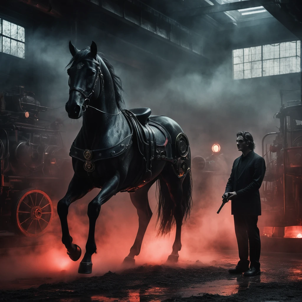 A high-resolution image of a (man) smoking, with intense red glowing eyes. He is dressed in a sleek, black outfit that fits snugly, emphasizing his form. Standing beside him is a black mechanical horse, its metallic body gleaming faintly. The scene is set in a gloomy, dark environment, with heavy shadows and a somber atmosphere. The background includes hints of fog or mist, adding to the eerie and mysterious mood. The lighting is dim, highlighting the man’s red eyes and the mechanical details of the horse, creating a dramatic and striking visual.
The background is a dimly lit, industrial setting with hints of metallic surfaces and shadows, creating a foreboding atmosphere. The lighting is low and directional, casting subtle highlights on the gas mask and his damp hair, while leaving parts of his face in shadow, enhancing the dramatic effect. There is a faint mist or smoke in the air, adding depth and texture to the scene. The overall ambiance is one of mystery and intensity, with a slightly dystopian feel.