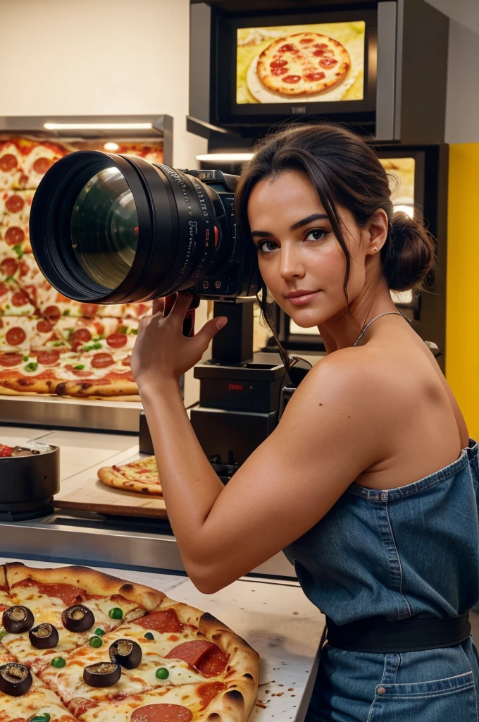 Description: Over-the-shoulder shot of a chef’s hands carefully
placing toppings like pepperoni, mushrooms, and olives onto a
pizza base.
Camera Model: Blackmagic URSA Mini Pro 4.6K G2
Shot Type: Over-the-shoulder shot
Lens Type: Medium telephoto lens (around 85mm)
Pizza in the Oven

