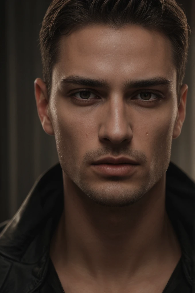 a handsome man, beautiful detailed eyes, beautiful detailed lips, extremely detailed face and eyes, sharp focus, 8k, highres, photorealistic, chiaroscuro lighting, dramatic lighting, cinematic lighting, dramatic contrast, intricate details, hyper realistic, oil painting, masterpiece, detailed digital painting, highly detailed, cinematic composition, moody atmosphere, warm color palette, realistic shading and texturing