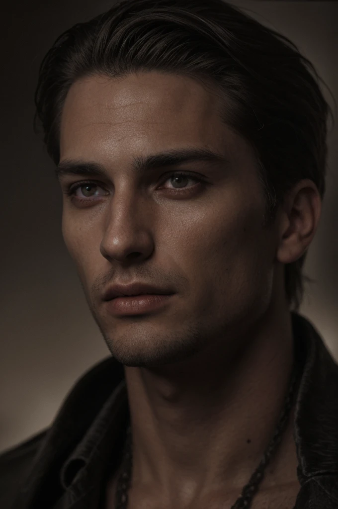 a handsome man, beautiful detailed eyes, beautiful detailed lips, extremely detailed face and eyes, sharp focus, 8k, highres, photorealistic, chiaroscuro lighting, dramatic lighting, cinematic lighting, dramatic contrast, intricate details, hyper realistic, oil painting, masterpiece, detailed digital painting, highly detailed, cinematic composition, moody atmosphere, warm color palette, realistic shading and texturing