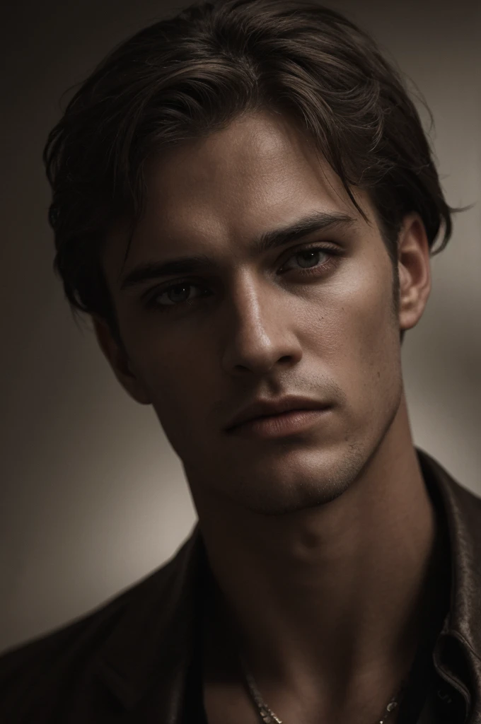a handsome man, beautiful detailed eyes, beautiful detailed lips, extremely detailed face and eyes, sharp focus, 8k, highres, photorealistic, chiaroscuro lighting, dramatic lighting, cinematic lighting, dramatic contrast, intricate details, hyper realistic, oil painting, masterpiece, detailed digital painting, highly detailed, cinematic composition, moody atmosphere, warm color palette, realistic shading and texturing