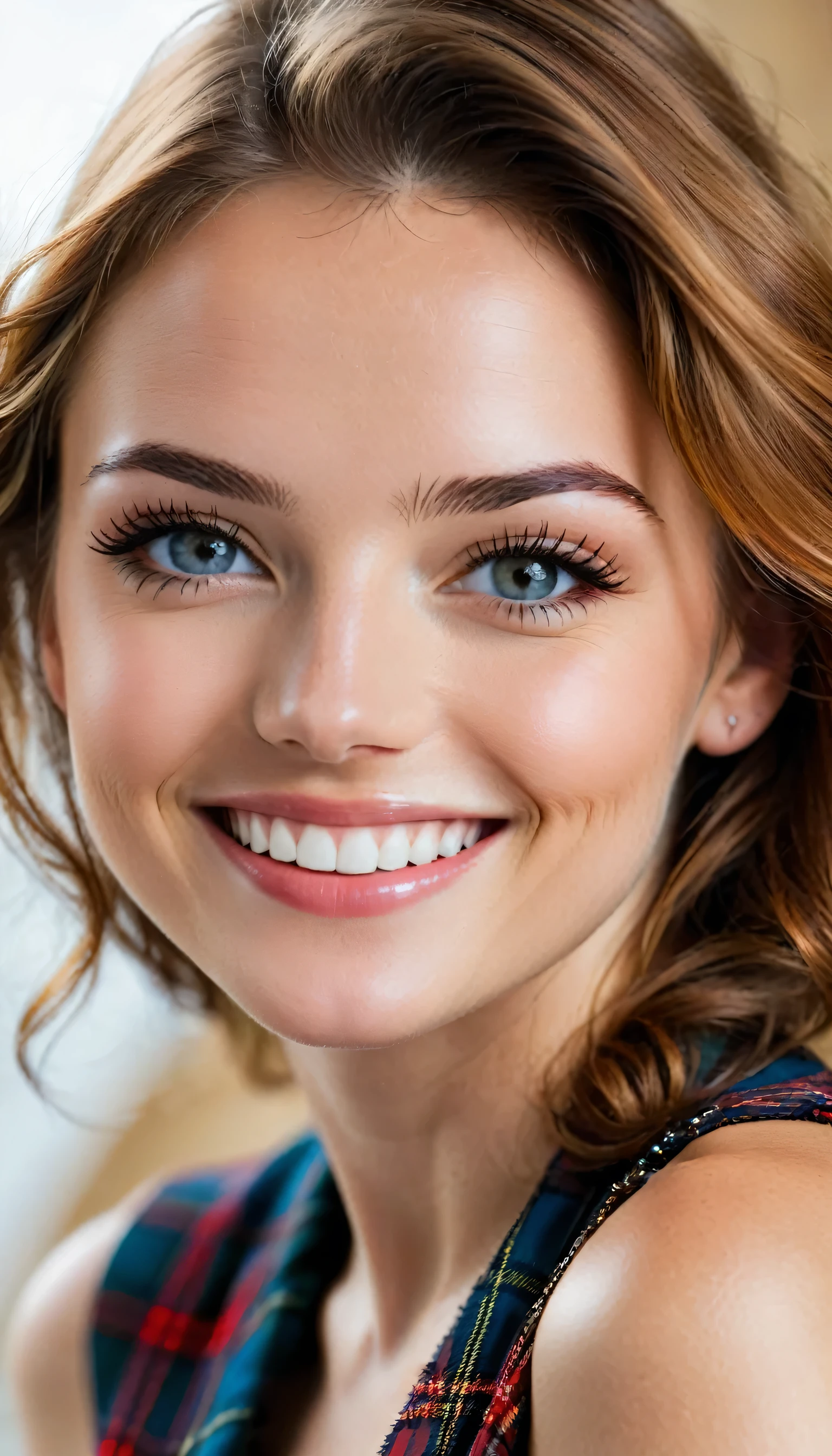 A stunning young, charming Scottish woman, close up of the face, Detailed view (Lip and eyes) von Armstrong und Jay Anacleto, open smile, (folds, Makel, Hautporen) medium wide, Small angle, Image in super high quality