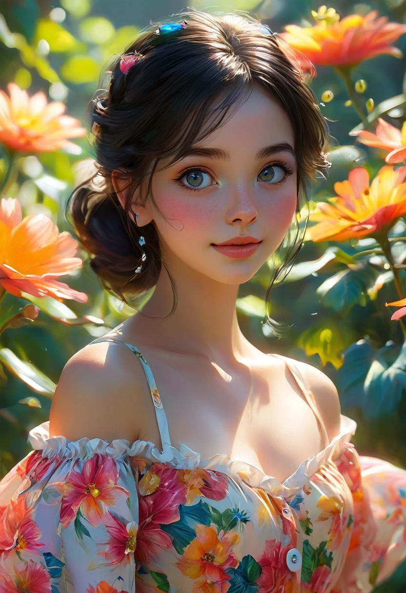 Adorable, Woman,big-eyed woman, round face. promenent lips. Smileing,In the garden,Her hands are behind her...., , large ass, wearing a cute sun dress. Picture from the side,looking at the scenes, intense colors, Very valuable details, complex details, volumetric lighting, digital art, 8k, trending on Artstation, Clear focus, complex details, highly detail, Greg Rutkowski Big Eyes, high-resolution, Black hair. Anna Popplewell