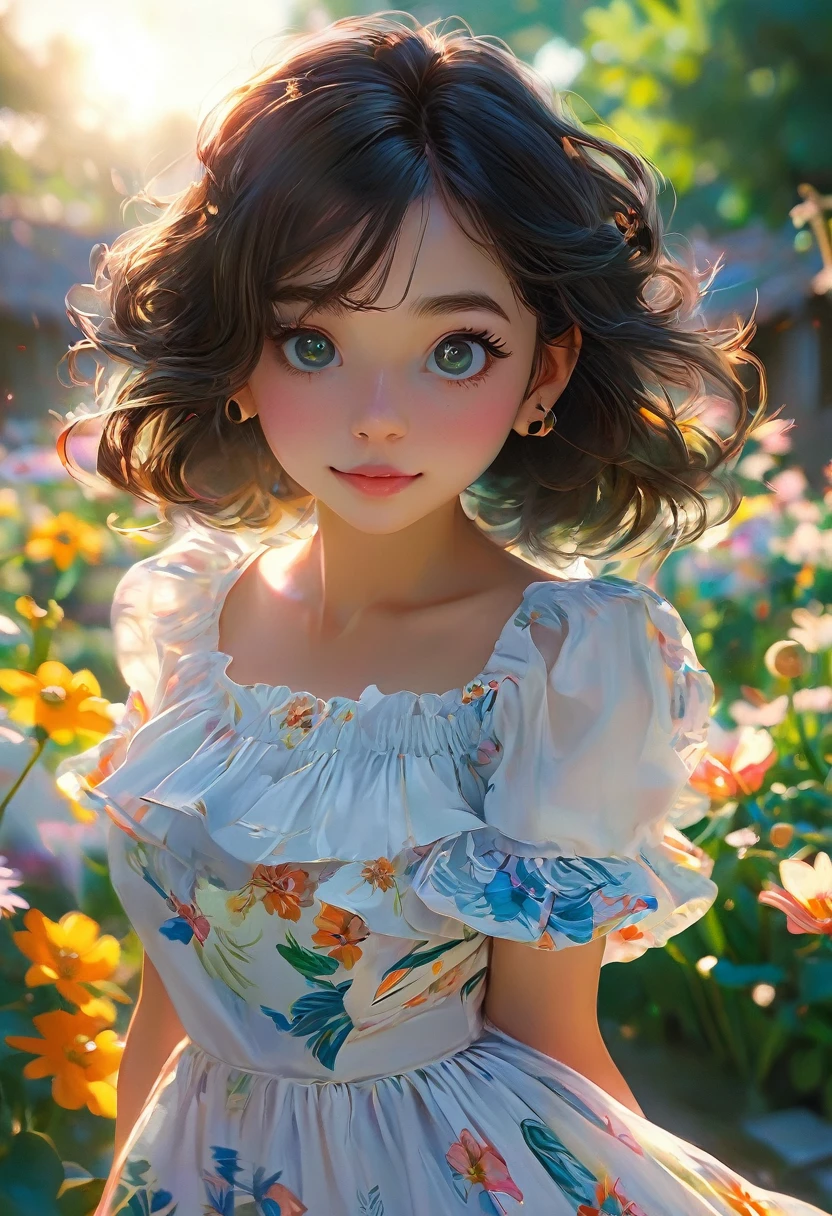 Adorable, Woman,big-eyed woman, round face. promenent lips. Smileing,In the garden,Her hands are behind her...., , large ass, wearing a cute sun dress. Picture from the side,looking at the scenes, intense colors, Very valuable details, complex details, volumetric lighting, digital art, 8k, trending on Artstation, Clear focus, complex details, highly detail, Greg Rutkowski Big Eyes, high-resolution, Black hair. Miranda Cosgrove
