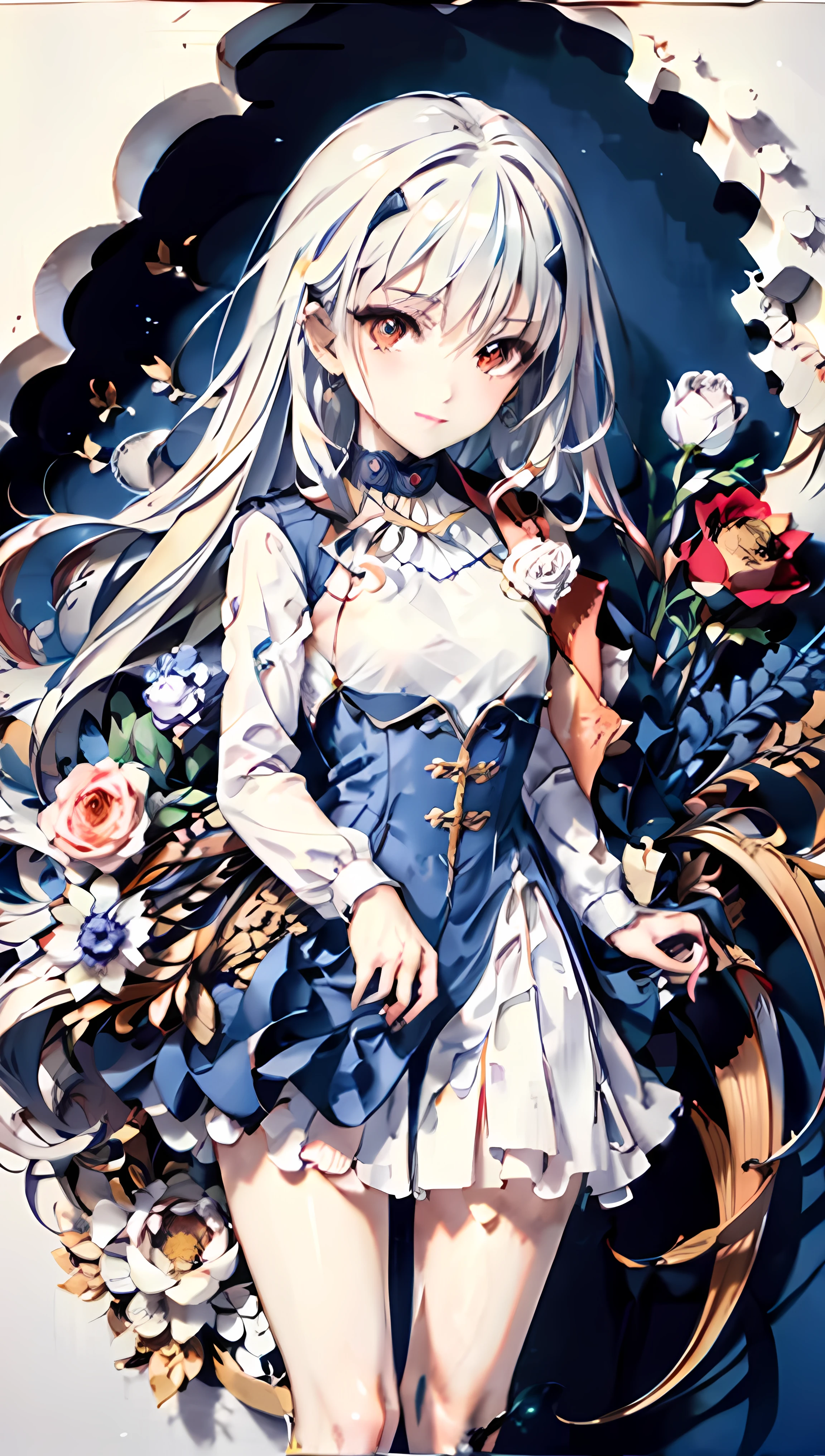 Uhd, absurdres, best_quality, masterpiece, best quality,1girl, solo, fairy knight lancelot (fate), (long white hair), sidelocks, forked eyebrows, small breasts, looking at viewer, dress, cape, (((blue dress))), bangs, long sleeves, (blood-orange  eyes), white rose, rose garden, medieval city in baclground, 