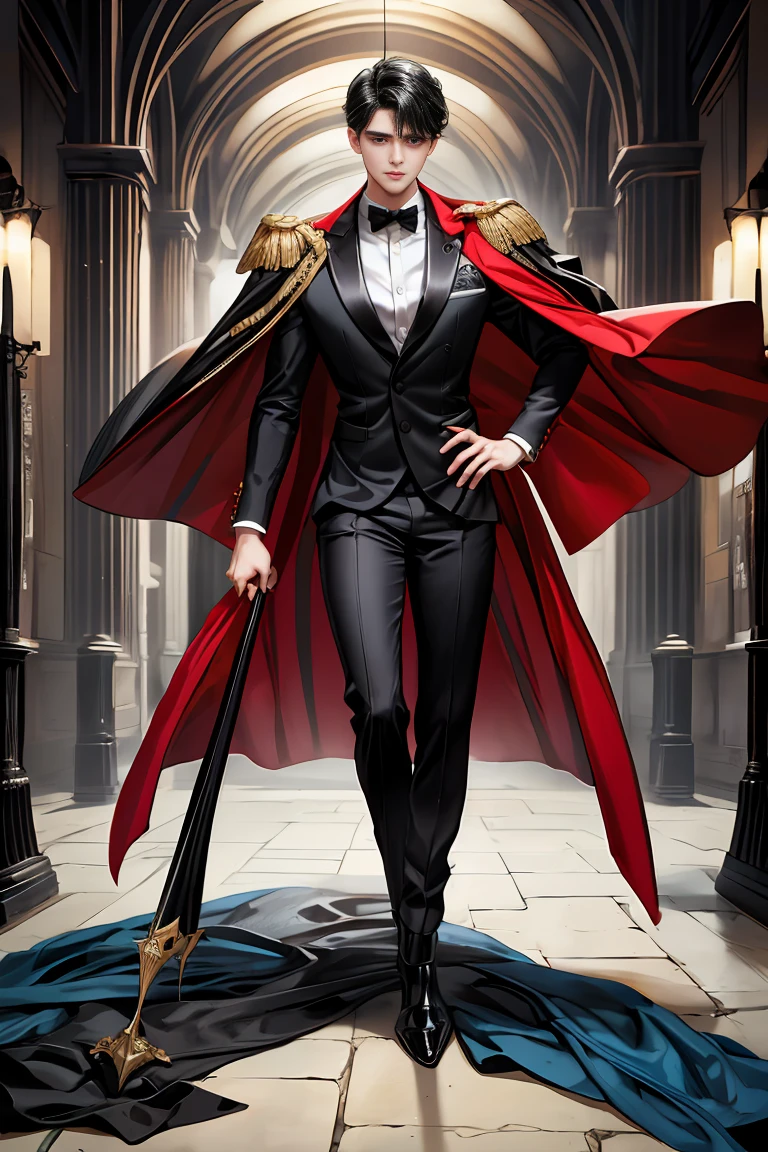 masterpiece, 最high quality, high quality, 1 boy, alone, Male focus, Watching the audience, Messy black hair, Adorable big blue eyes, White people, Noble, Noble,Sexy voluminous black and red cape、Tuxedo、A very voluminous, large, very large, very large, long, long red and black cape with a high stand-up collar, reaching down to the floor, made of a lot of fabric., ,Cute beautiful boys,Cute, cute, kind, handsome guy