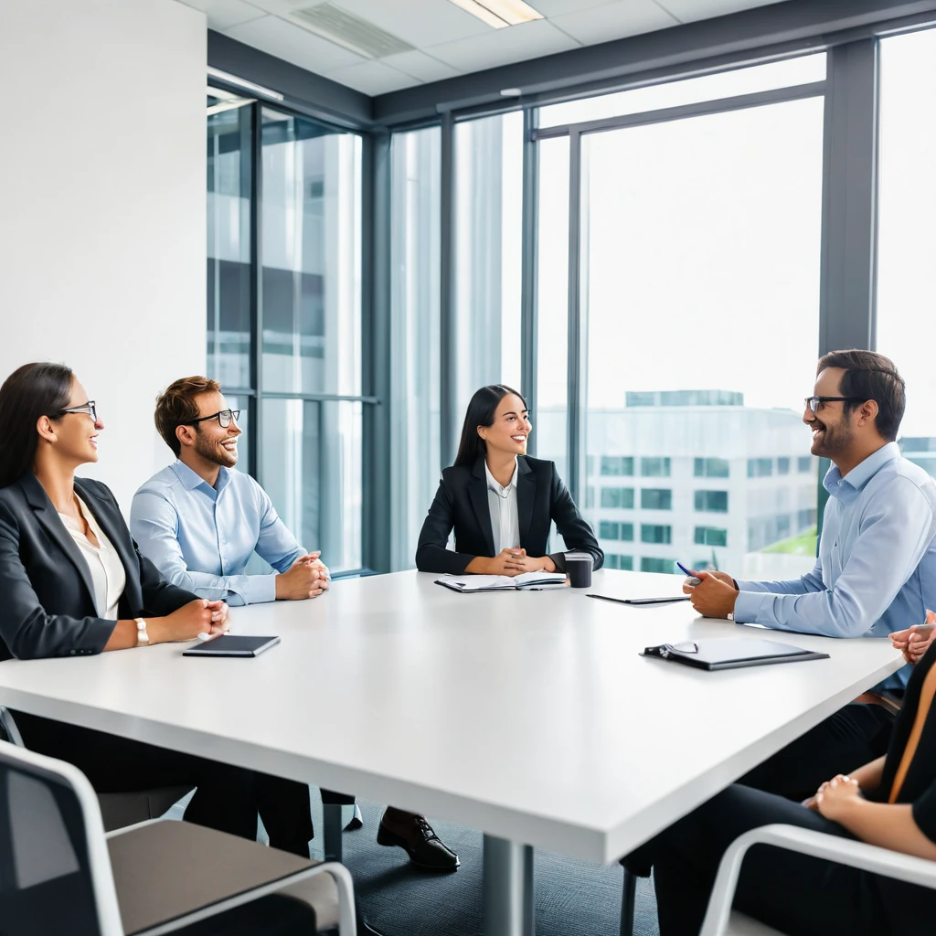 corporate setting, office background, 5 people meeting, peace, seminar, casually sitting around