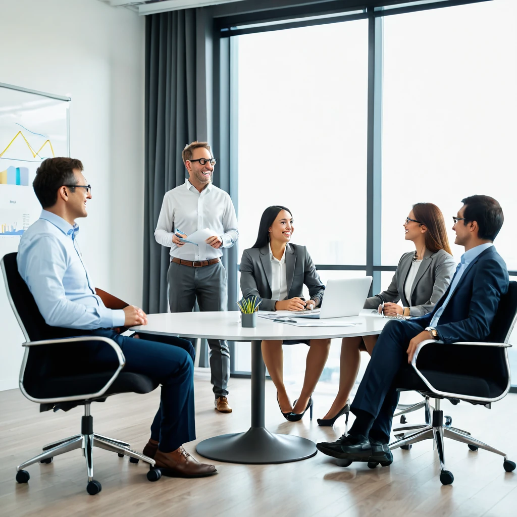 corporate setting, office background, 5 people meeting, peace, seminar, casually sitting around
