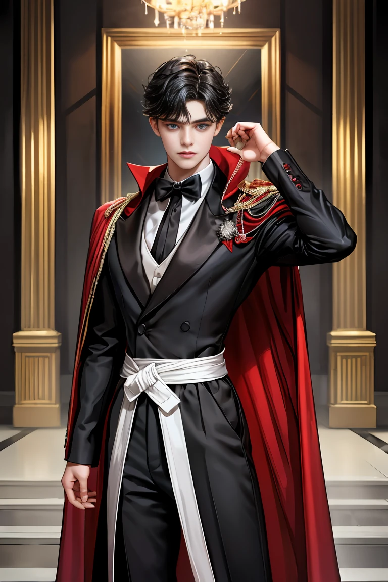 masterpiece, 最high quality, high quality, 1 boy, alone, Male focus, Watching the audience, Messy black hair, Adorable big blue eyes, White people, Noble, Noble,Sexy voluminous black and red cape、Tuxedo、A very voluminous, large, very large, very large, long, long red and black cape with a high stand-up collar, reaching down to the floor, made of a lot of fabric., 17 years old,Cute beautiful boys,Cute, cute, kind, handsome guy