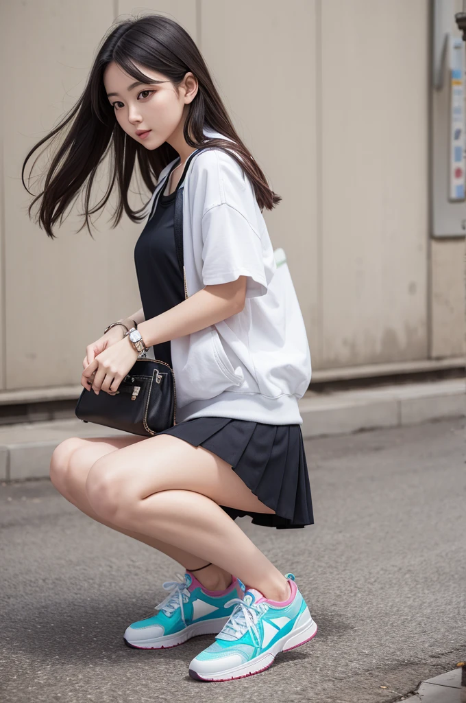 Woman in short skirt with 12 spring sneakers