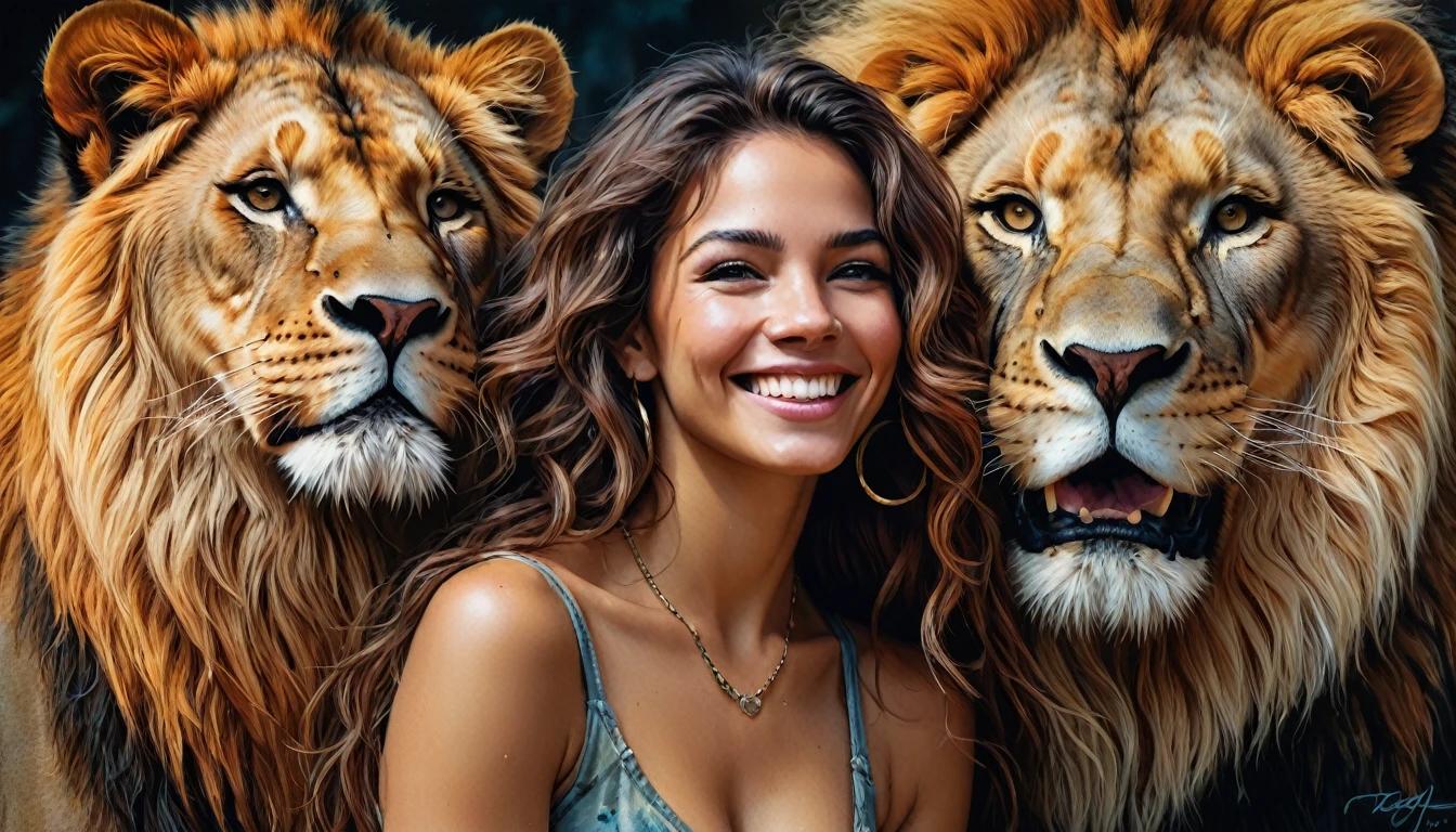 half  body,
a woman smile  with her best friend her lion,
dark complex background, style by Thomas Kinkade+David A. Hardy+Carne Griffiths+Mandy Disher half vivid colors fine art, best quality, high detailed, detailed faces, 2d,