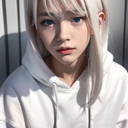 young boy, long white hair , Eyes red, Very beauthful, wearing a white sweatshirt, and black jeans, with a slightly angry face.