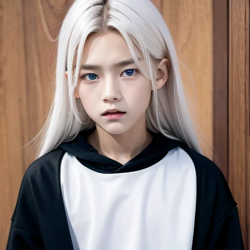 young boy, long white hair , Eyes red, Very beauthful, wearing a white sweatshirt, and black jeans, with a slightly angry face.