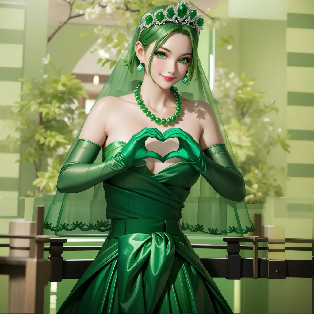 Emerald tiara, Green Pearl Necklace, ボーイッシュな非常に短いGreen Hair, Green Lips, Smiling Japanese woman, Very short hair, Busty beautiful lady, Green Eyes, Green satin long gloves, Green Eyes, Emerald Earrings, Green veil, Heart with both hands, Green Hair, Beautiful Japanese Women, Heart shaped hands:1.3, green lip gloss