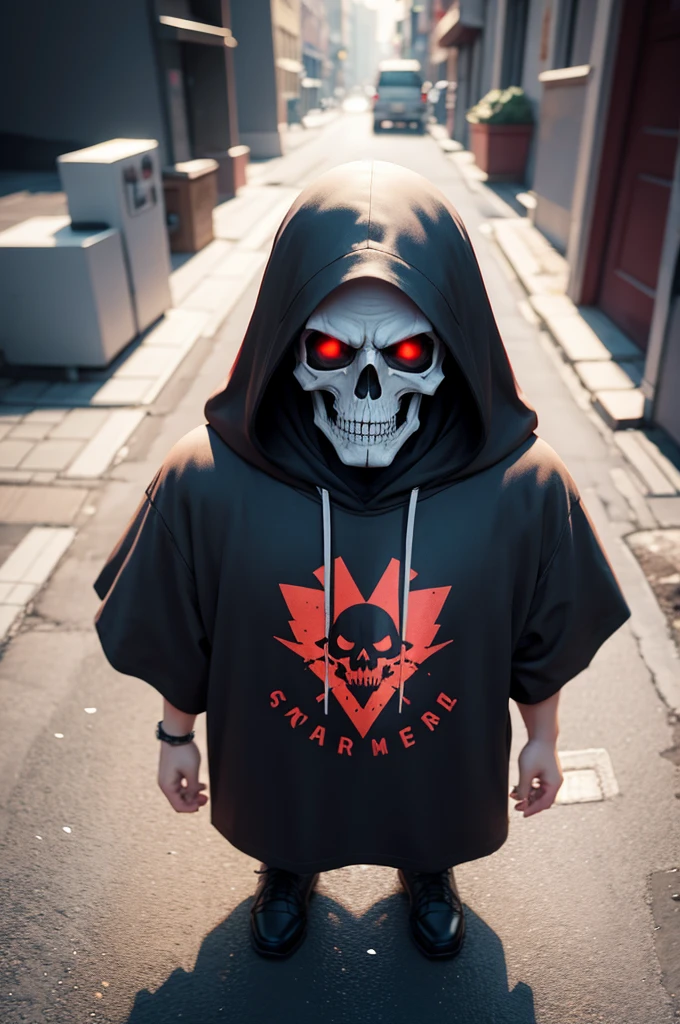 A detailed illustration face skull grim reaper,magic, t-shirt design, red color , dark magic splash, dark, ghotic, t-shirt design, in the style of Studio Ghibli, pastel tetradic colors, 3D vector art, cute and quirky, fantasy art, watercolor effect, bokeh, Adobe Illustrator, hand-drawn, digital painting, low-poly, soft lighting, bird's-eye view, isometric style, retro aesthetic, focused on the character, 4K resolution, photorealistic rendering, using Cinema 4D