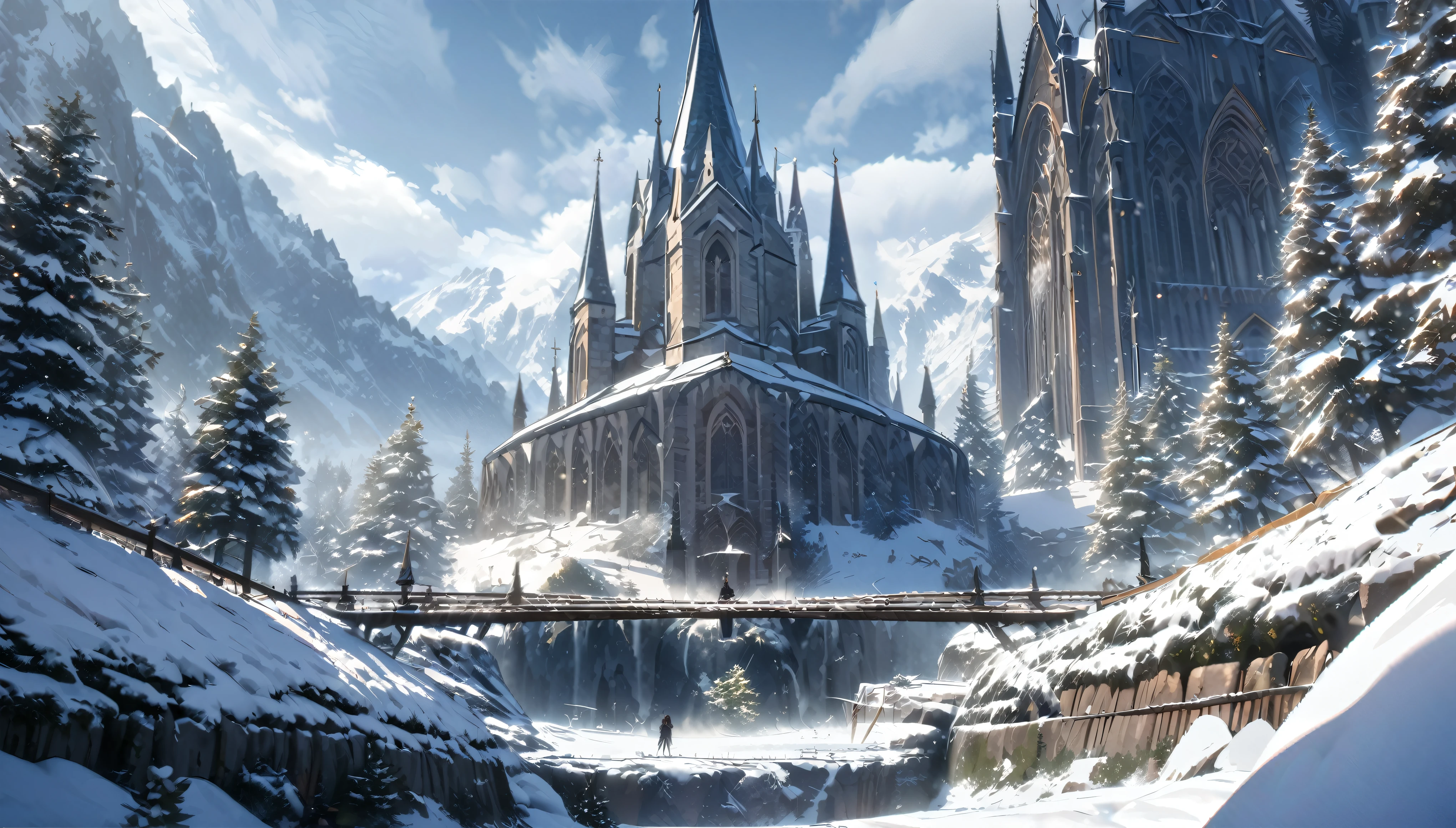 anime aestetic, winter time, icy canion, huge wide tree growing out of the horizontal wall, view from the rope bridge, gothic church on the top of the canion, snow falling, fantasy landscape, skies covered with grey clouds, perspective, atmospheric perspective, wide shot, 4K, 8k, highres, best quality, high quality, award winning, super detail, accurate, masterpiece, UHD
