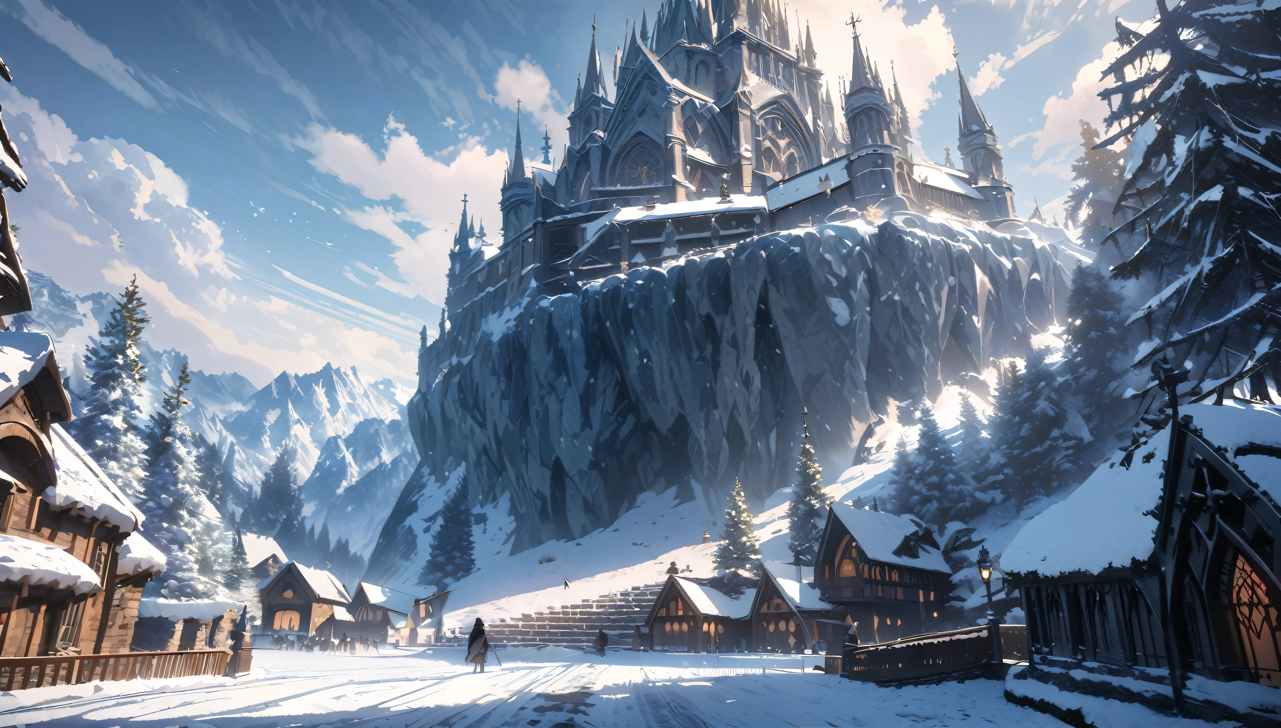 anime aestetic, winter time, icy canion, huge wide tree growing out of the horizontal wall, view from the rope bridge, gothic church on the top of the canion, snow falling, fantasy landscape, skies covered with grey clouds, perspective, atmospheric perspective, wide shot, 4K, 8k, highres, best quality, high quality, award winning, super detail, accurate, masterpiece, UHD