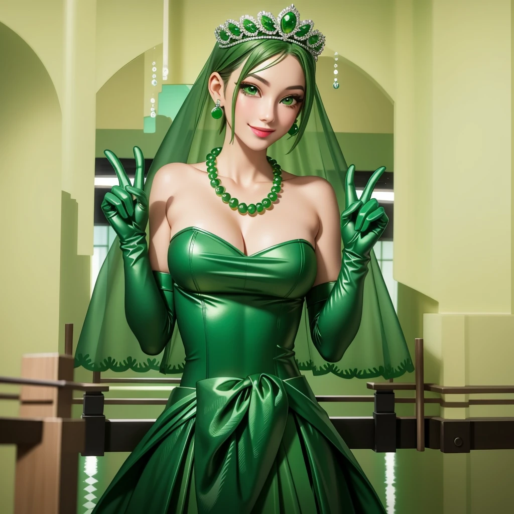 Emerald tiara, Green Pearl Necklace, ボーイッシュな非常に短いGreen Hair, Green Lips, Smiling Japanese woman, Very short hair, Busty beautiful lady, Green Eyes, Green satin long gloves, Green Eyes, Emerald Earrings, Green veil, Vseyin, Green Hair, Beautiful Japanese Women, green lip gloss