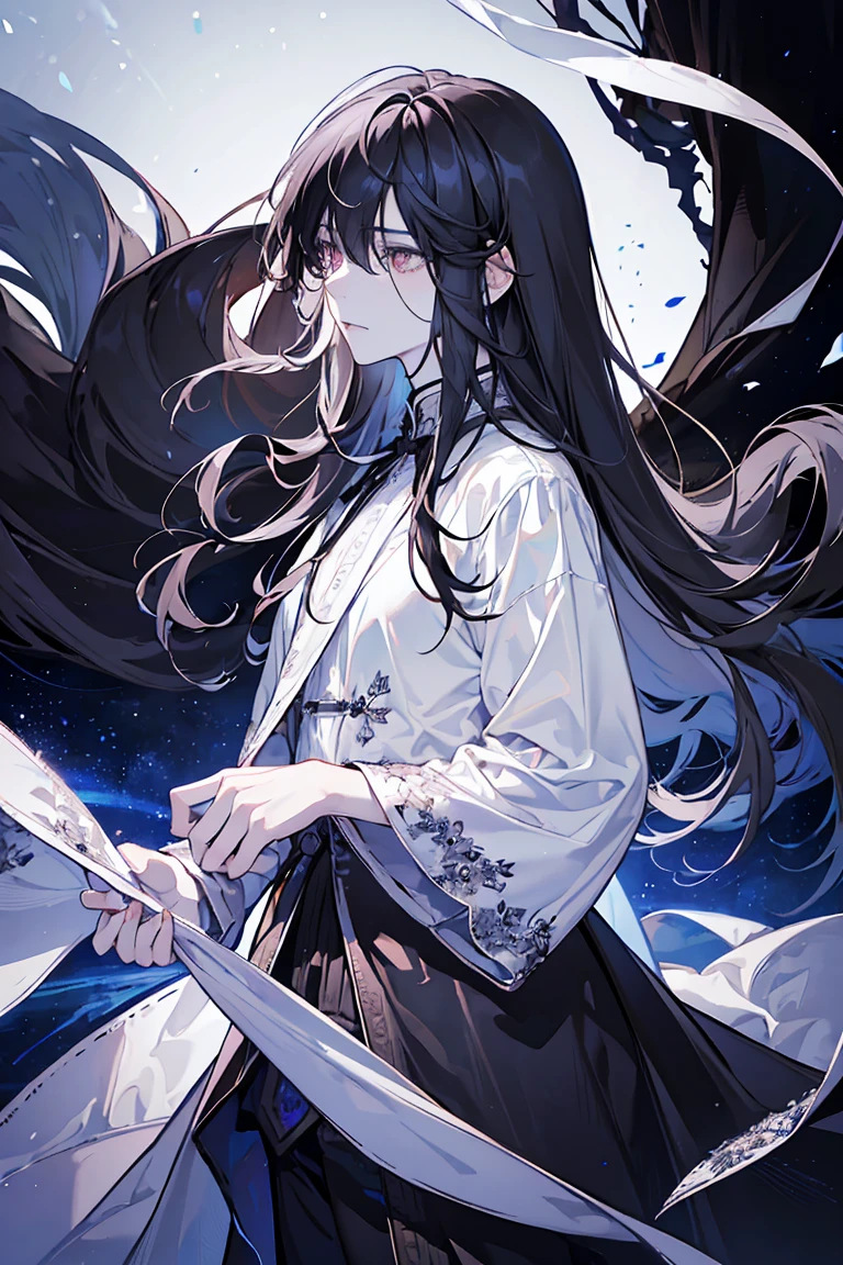 (best quality) (1 male), adult, ((long light-pearly rose opal hair)), long disheveled hair, (eyes is completely black, the white of the eye is black), pale skin, thorny vines entwine the hair, gentle delicate facial features, aristocrat's clothes, black cloak covers his head