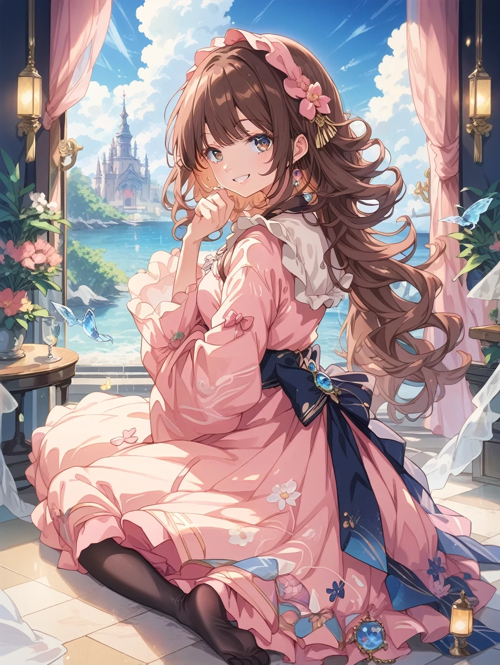 score_9, score_8_up, score_7_up, source_anime, masterpiece, best quality, high resolution, extremely detailed CG, absurdres, 1girl, solom a girl in European dream garden，a dreamlike aisle with flower floor, full body，Sweet face，Light smile，By bangs, Gemstone eyes, Contre-Jour，Long curly hair, Lolita dress, brown  hair, seen from the side, Lanterns, light particules, longer sleeves, looking at viewert，pink bows