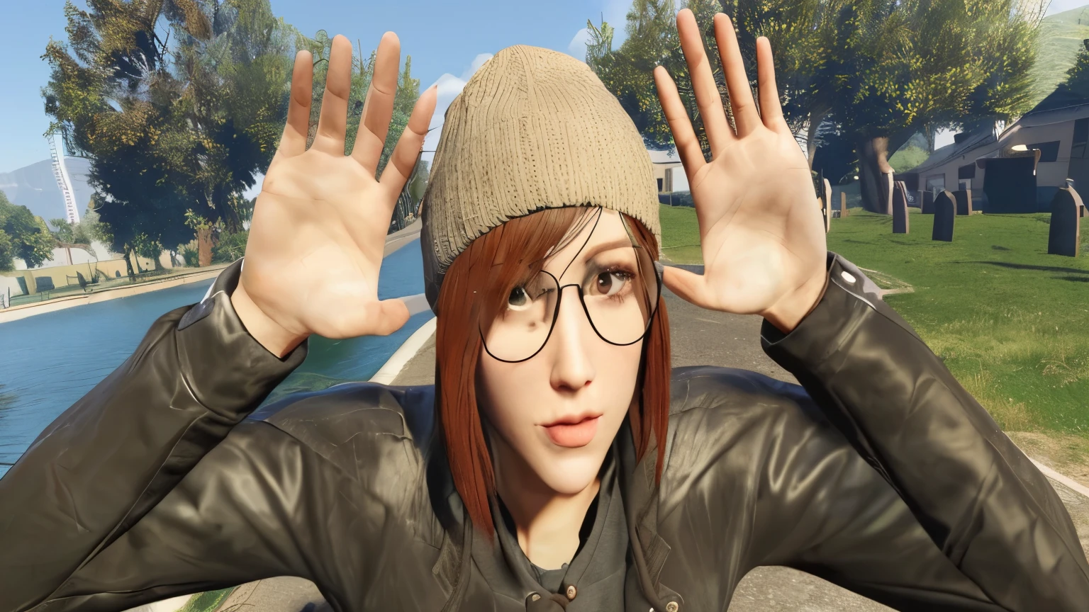 There is a woman with glasses and hat while posing for a photo, Retrato de Max Caulfield, like a GTAV character, gta character v, with black hat on head, gta character, wearing a beanie, heavy gesture style closeup, GTA5 style, chloe price from life is strange, chloe price, wearing beanie, Extremely photorealistic 4k