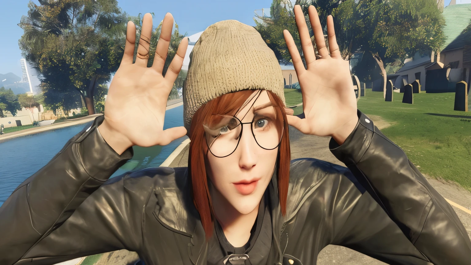 There is a woman with glasses and hat while posing for a photo, Retrato de Max Caulfield, like a GTAV character, gta character v, with black hat on head, gta character, wearing a beanie, heavy gesture style closeup, GTA5 style, chloe price from life is strange, chloe price, wearing beanie, Extremely photorealistic 4k