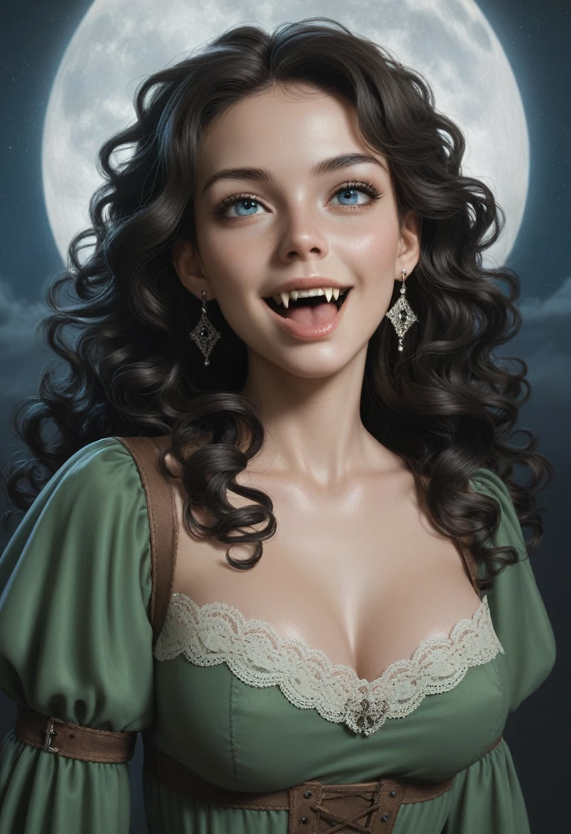 score_9, score_8_up, score_7_up, score_6_up, rating: safe, 1girl, solo, (black_hair:1.5), wavy_hair, jewelry, dress, blue_eyes, earrings, (long_hair:1.5), looking_at_viewer, curly_hair, upper_body, lips, lace, gold_dress, (night:1.3), cxqz8r, medieval_dress, medieval_landscape, fullmoon, rpg, (rape_face:1.3), narrow_waist, (skinny:1.3), (pale_skin:1.2), open_mouth, parted_lips, (oral_invitation:1.2), (fangs:1.4), (torogao:1.2), fingersmile, medium_breasts