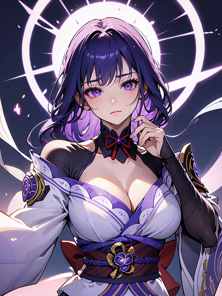 ((Upper body image:1.4))Japanese Shrines, (Highest quality,Realistic,masterpiece:1.2,8k wallpaper:1.2),((Pale skin)),One Girl,women only,((raidenshogndef))((Genshin Impact,General Raiden)),Lightning Particles,Purple Lightning,Light background,cherry blossoms,Purple Theme,Delicate facial features,Sexy and beautiful anime girls,General Raiden,Long purple hair,Rosy lips,Anime Mouth,(Very sad face),large breasts, Beautiful cleavage,Slender figure、Thin legs