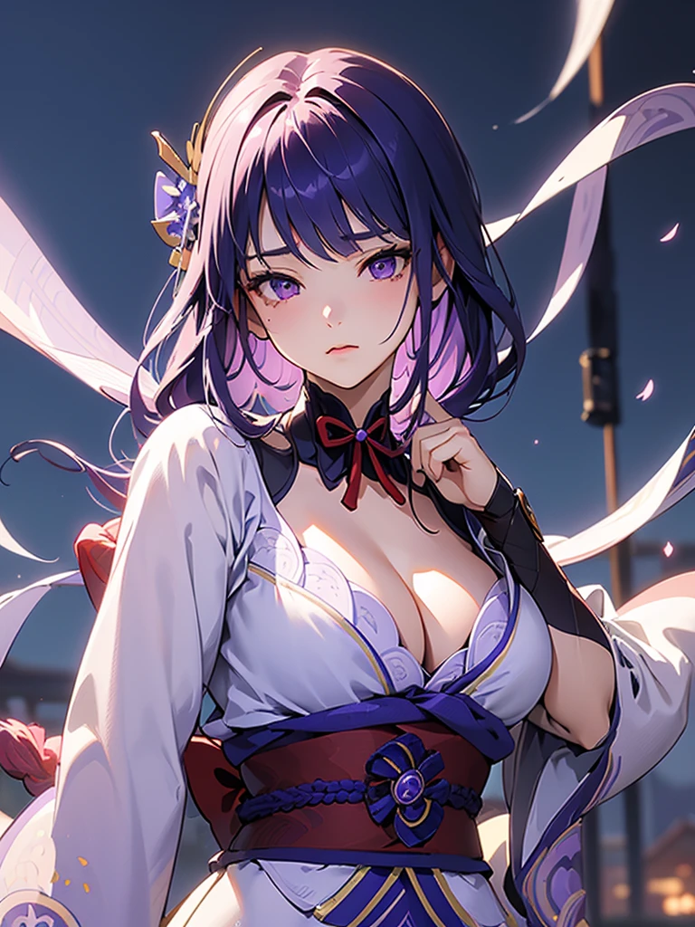 ((Upper body image:1.4))Japanese Shrines, (Highest quality,Realistic,masterpiece:1.2,8k wallpaper:1.2),((Pale skin)),One Girl,women only,((raidenshogndef))((Genshin Impact,General Raiden)),Lightning Particles,Purple Lightning,Light background,cherry blossoms,Purple Theme,Delicate facial features,Sexy and beautiful anime girls,General Raiden,Long purple hair,Rosy lips,Anime Mouth,(Very sad face),large breasts, Beautiful cleavage,Slender figure、Thin legs