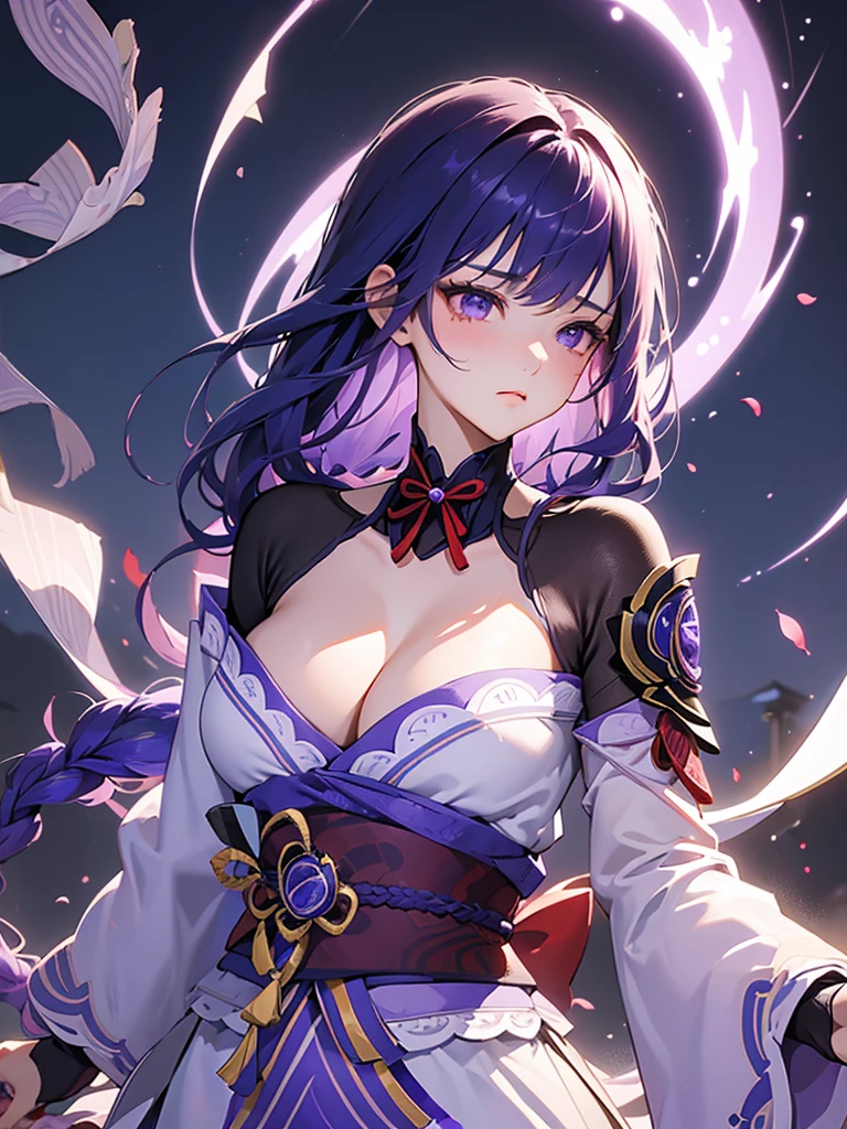 ((Upper body image:1.4))Japanese Shrines, (Highest quality,Realistic,masterpiece:1.2,8k wallpaper:1.2),((Pale skin)),One Girl,women only,((raidenshogndef))((Genshin Impact,General Raiden)),Lightning Particles,Purple Lightning,Light background,cherry blossoms,Purple Theme,Delicate facial features,Sexy and beautiful anime girls,General Raiden,Long purple hair,Rosy lips,Anime Mouth,(Very sad face),large breasts, Beautiful cleavage,Slender figure、Thin legs
