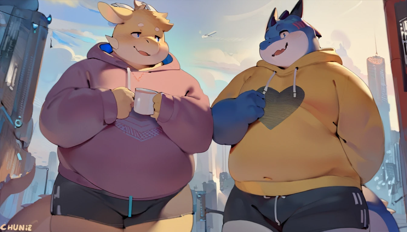 Dragon,male, old man, fetish chubby round belly, plump,yaoi, doujin,wearing stylish Hoodie, Shorts, cyberpunk big city, summer vibes, detail background, Looking at the audience ,out view scale, pixiv artwork,hd,4k, colour full, smooth lighting,Three point perspective ,, by chunie, by quanjiang,