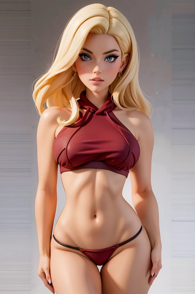 Lana Rhoade sexy, with blonde hair, She is wearing a dark red bikini sweatshirt