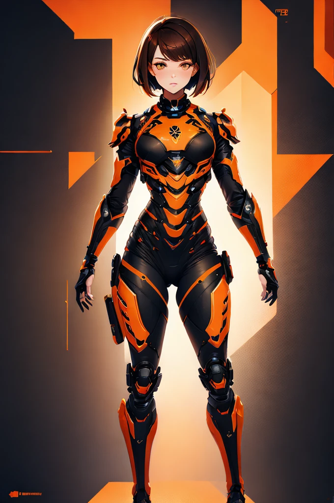 Create a design of a woman, full body, short hair, masculine cut, brown color, with exoskeleton armor. Black and orange colors, dotted filter.