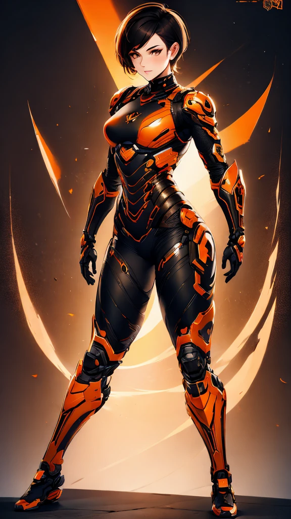 Create a design of a woman, full body, short hair, masculine cut, brown color, with exoskeleton armor. Black and orange colors, dotted filter.