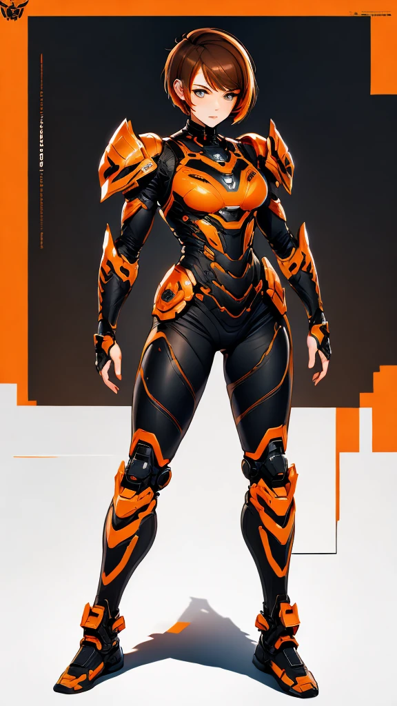 Create a design of a woman, full body, short hair, masculine cut, brown color, with exoskeleton armor. Black and orange colors, dotted filter.