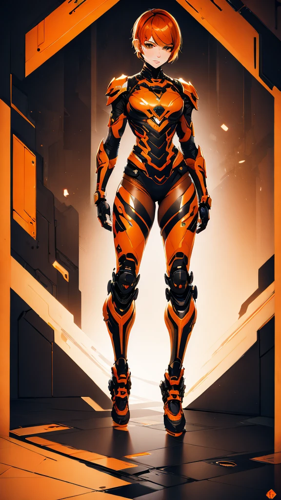 Create a design of a woman, full body, short hair, masculine cut, brown color, with exoskeleton armor. Black and orange colors, dotted filter.