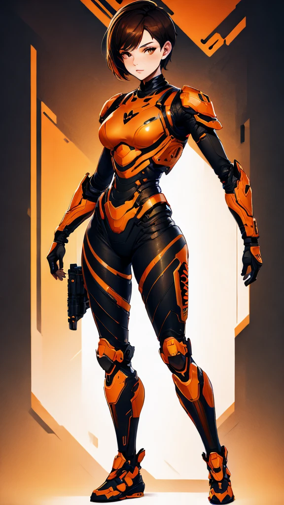 Create a design of a woman, full body, short hair, masculine cut, brown color, with exoskeleton armor. Black and orange colors, dotted filter.